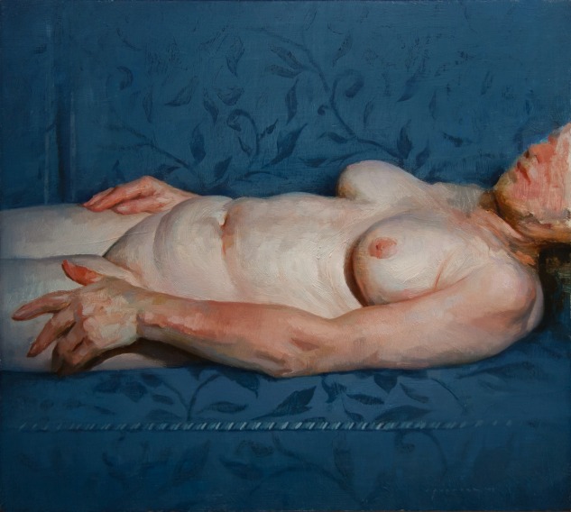 "Naked on the blue couch"